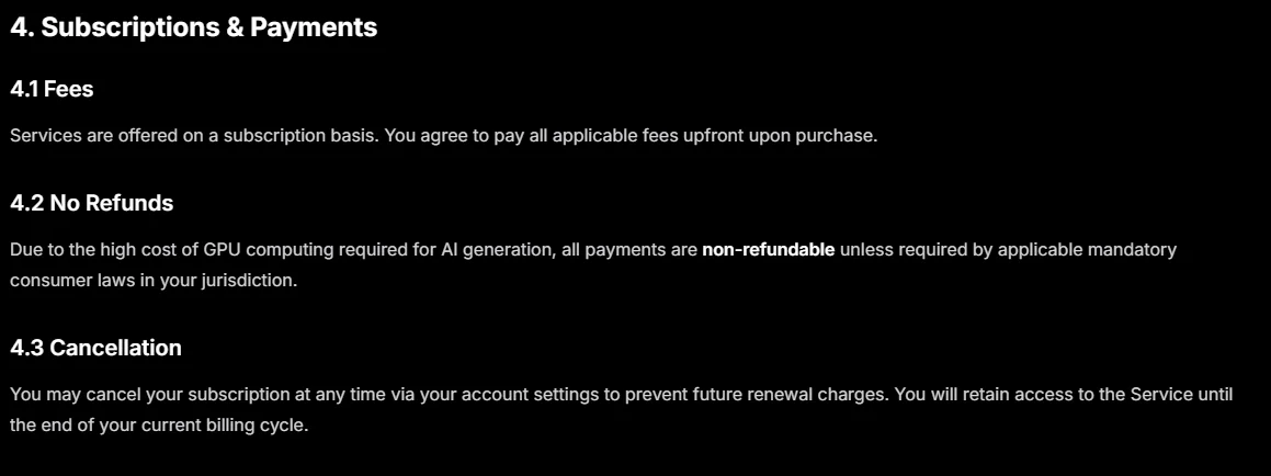 Dreemy AI interface excerpt: Terms: subscriptions