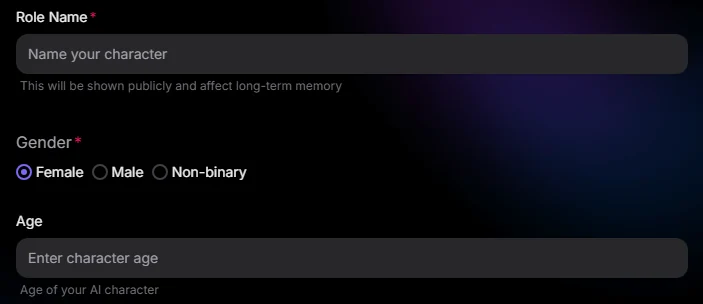 Dreemy AI interface excerpt: Character identity