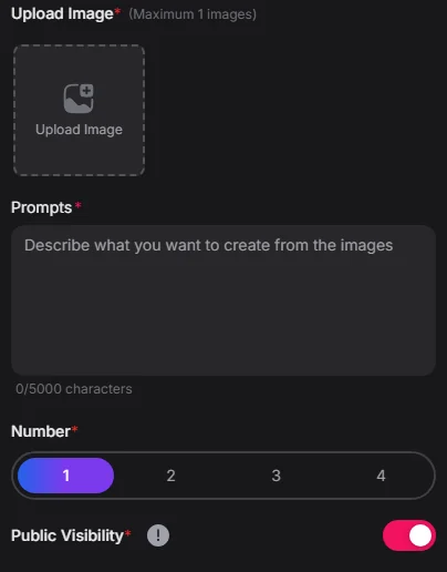 Dreemy AI interface excerpt: Image inputs and visibility