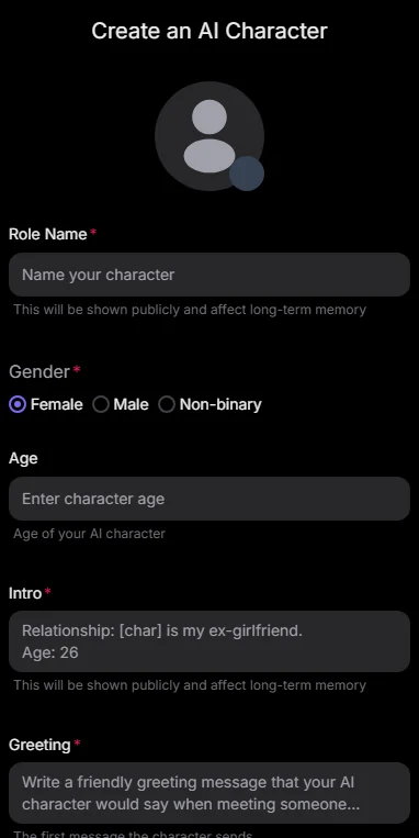 Dreemy AI interface excerpt: The character editor on mobile