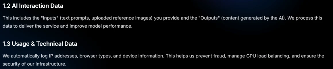 Dreemy AI interface excerpt: What the privacy policy says